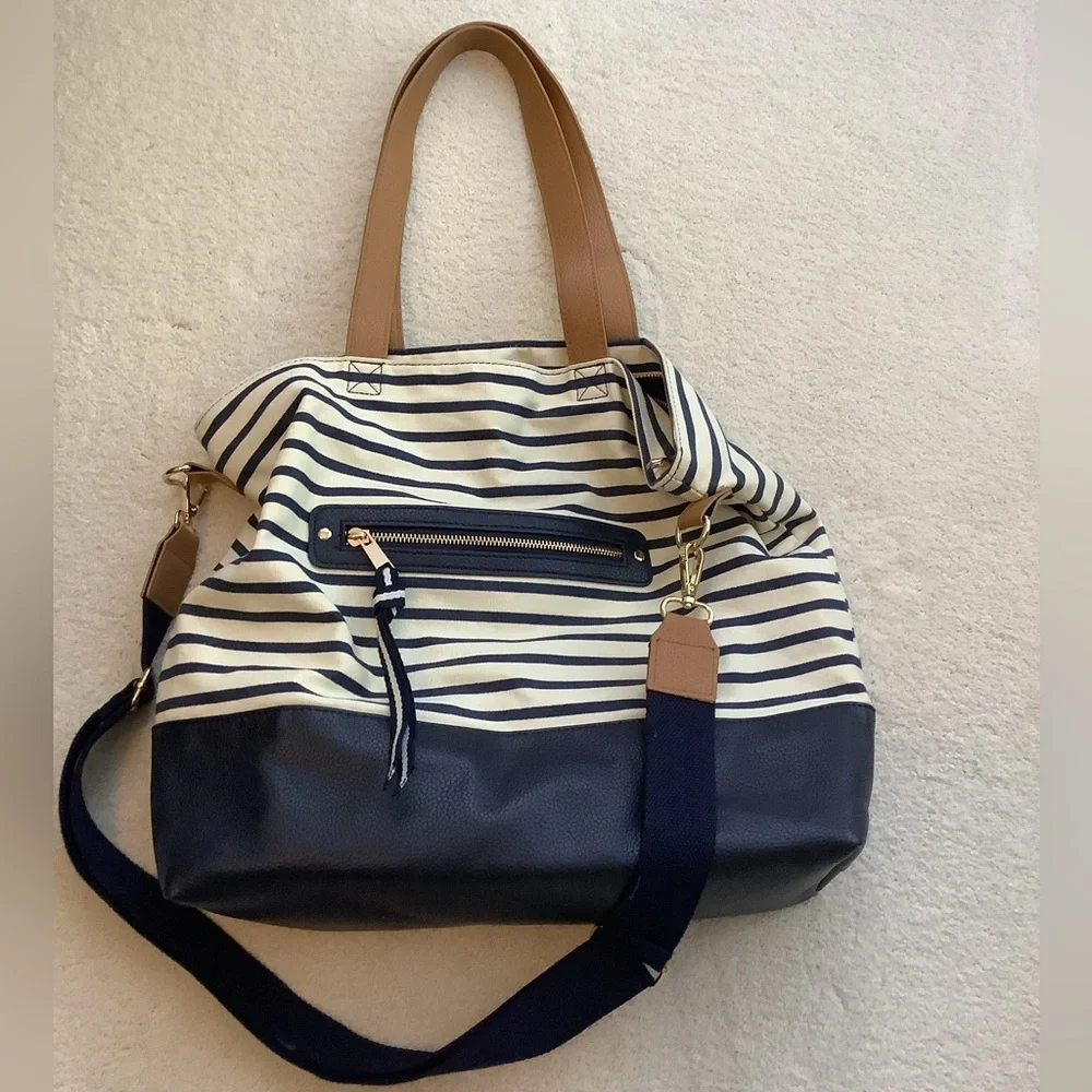 A New Day Target Cream Navy Striped Tote Bag Zipper Crossbody Shoulder Satchel - Picture 6 of 6
